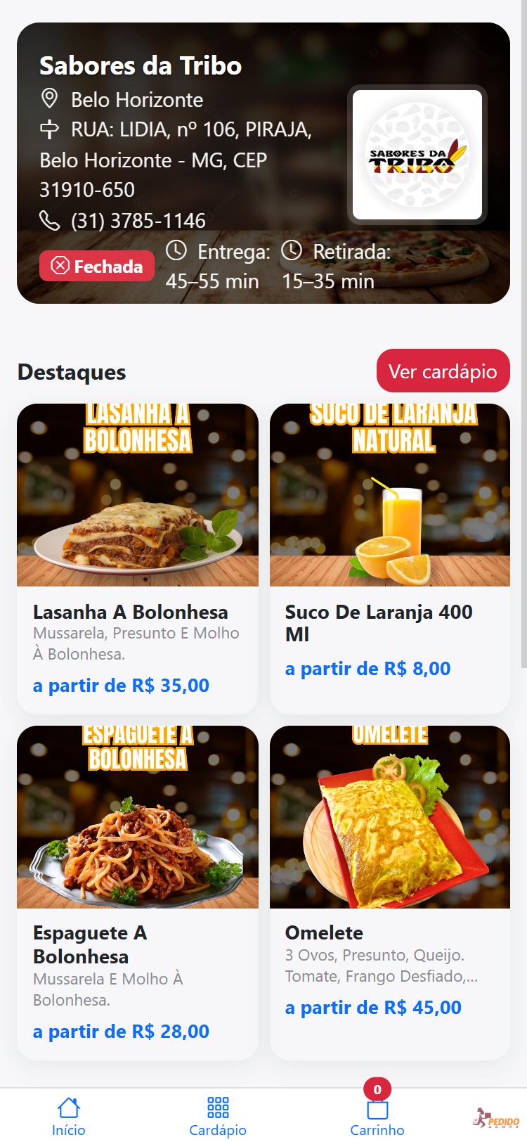 Página inicial da loja Sabores da Tribo no Pedido Agora: capa, endereço, tempos de entrega e retirada e os produtos em destaque com foto e preço