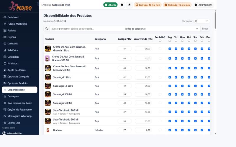 Grade de disponibilidade do painel do Pedido Agora com em falta e os dias da semana de cada produto