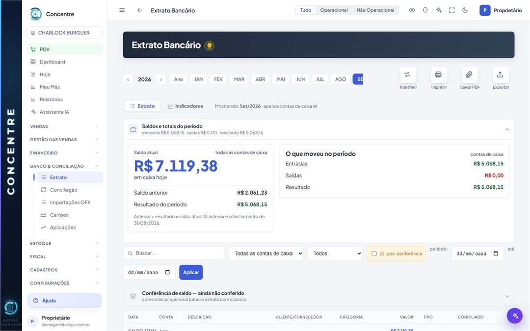 Extrato bancário do Concentre: saldo atual, entradas e saídas do período, conferência de saldo e lançamentos conciliados