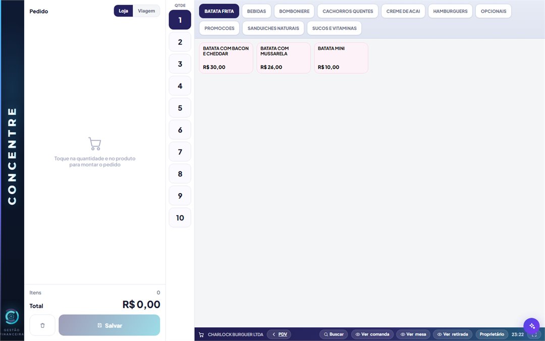 Venda orientada do Concentre em monitor touch: categorias, produtos e quantidade em um toque